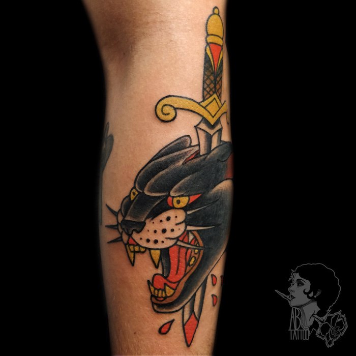 A Black Panther and Dagger Traditional Tattoo